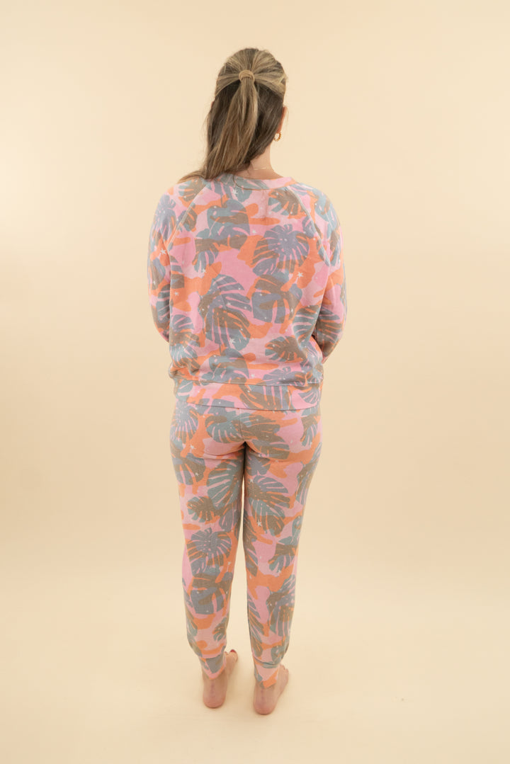 wildfox pink palm print sweatshirt and jogger set (xs/m; retail $188)