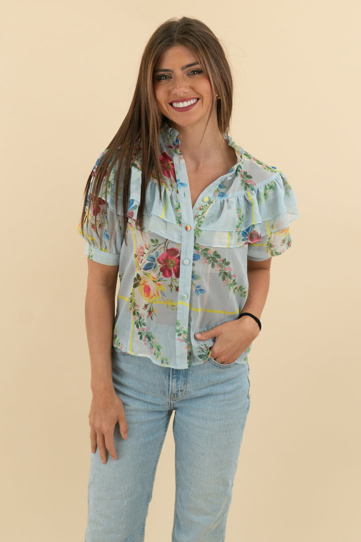 asos blue floral sheer ruffle blouse (0)