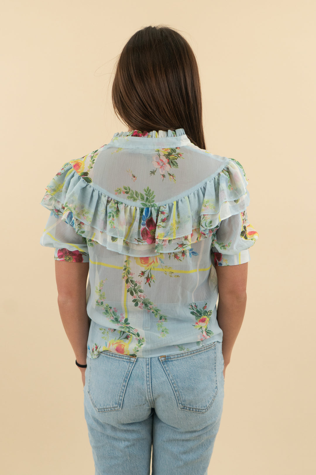 asos blue floral sheer ruffle blouse (0)