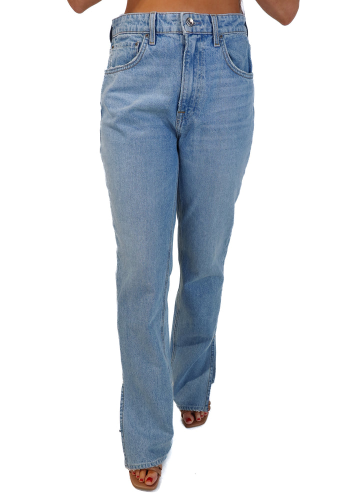 Grlfrnd light wash straight leg jeans (27; retail $225)