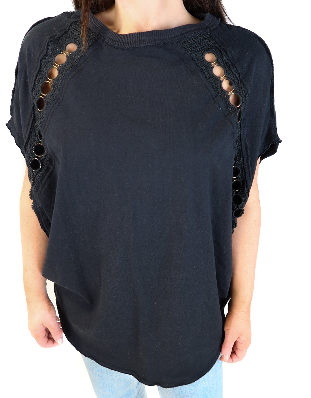 Free people black crotchet detail oversized tee (xs)