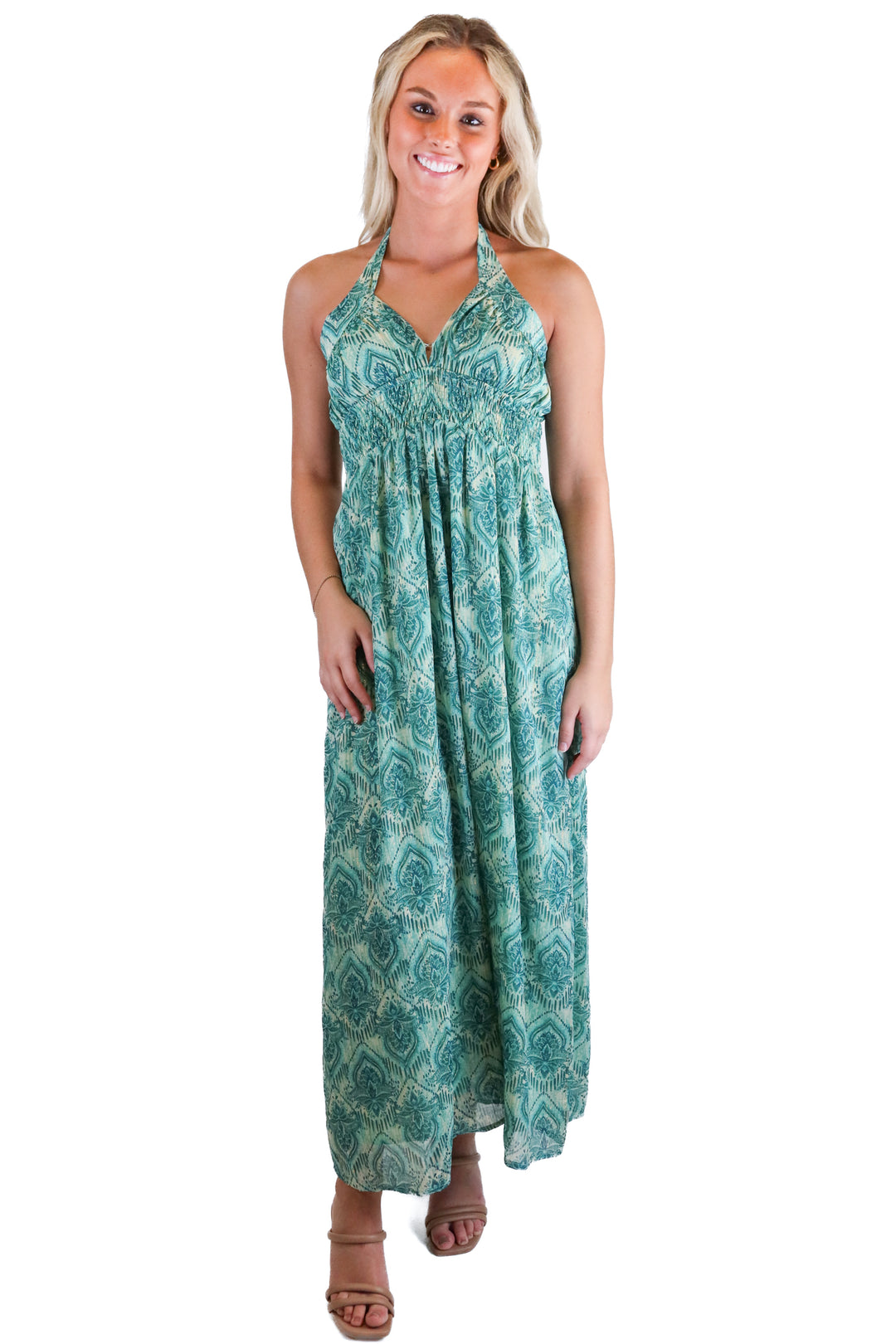 vici green printed halter maxi dress (s)