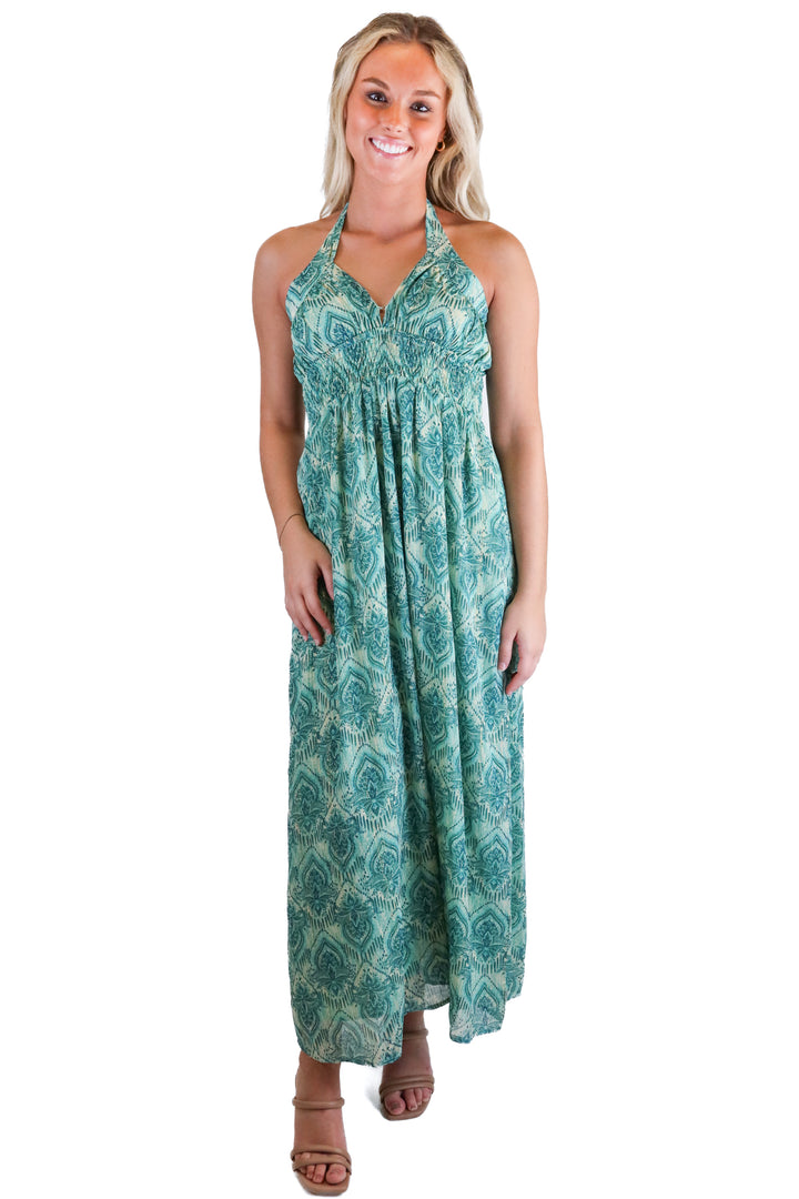 vici green printed halter maxi dress (s)