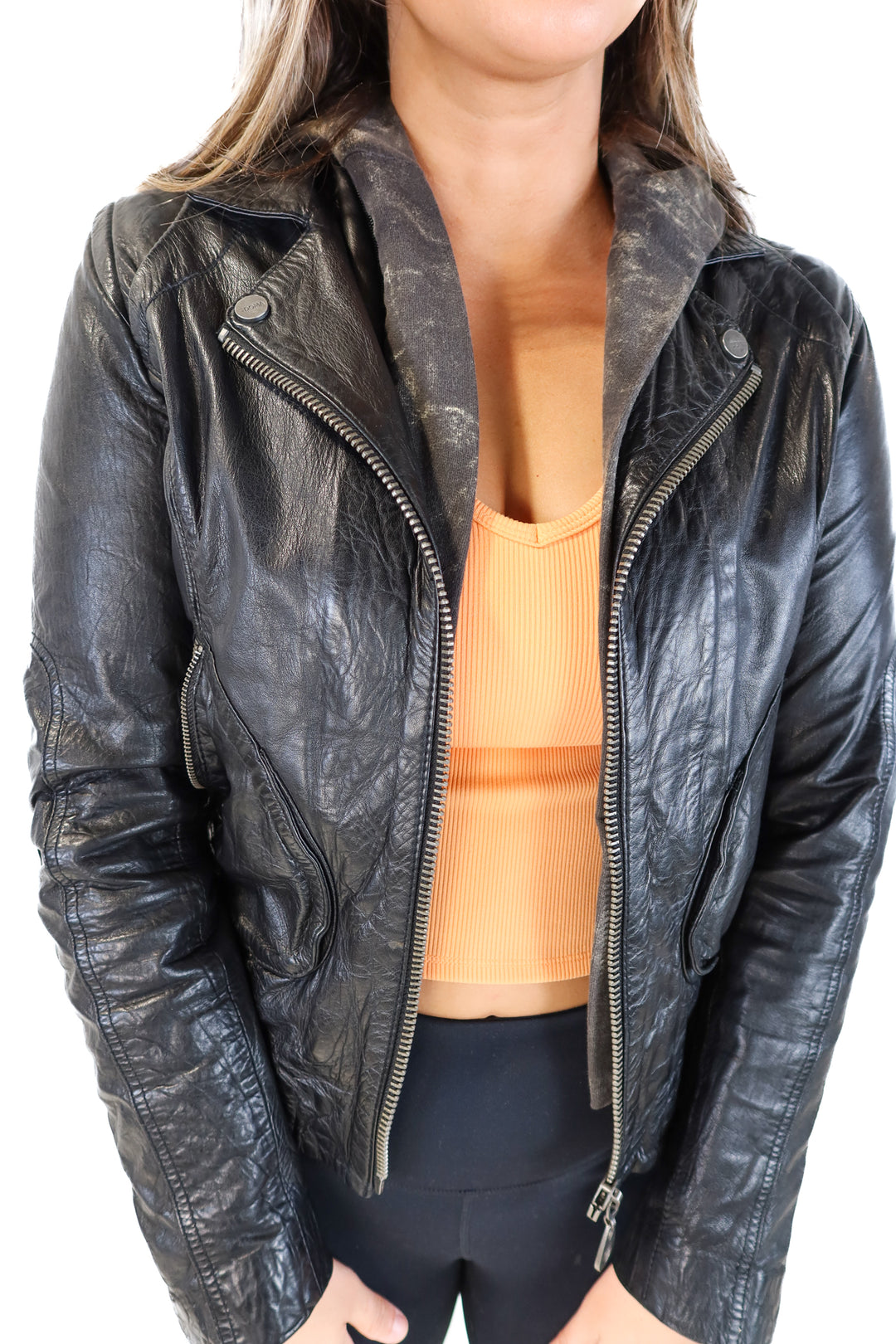Doma hooded leather jacket (L; retail $695)