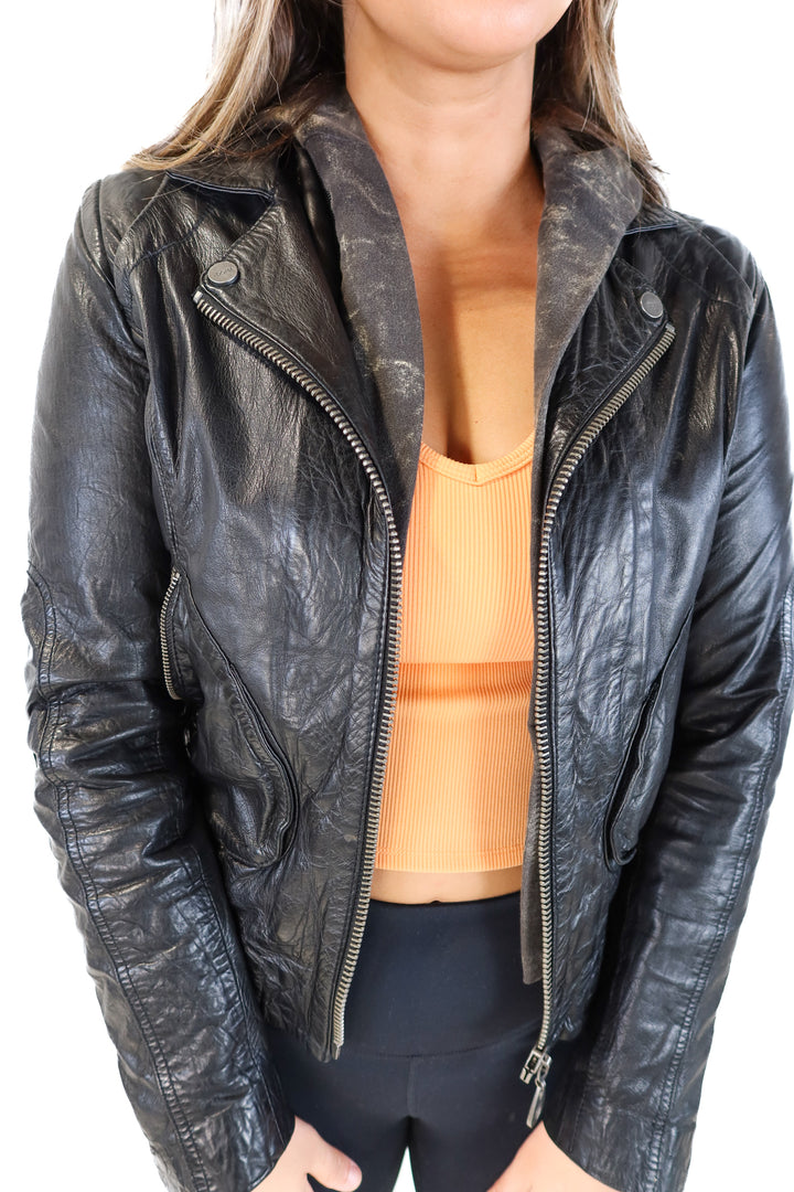 Doma hooded leather jacket (L; retail $695)