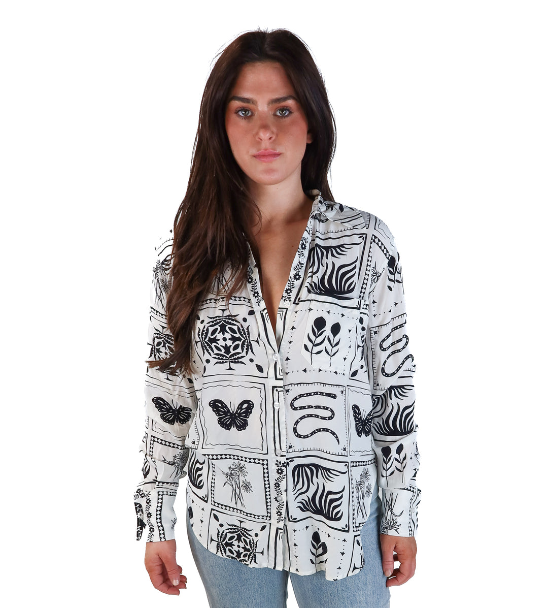 L’Academie white/black printed button up (xs; retail $148)