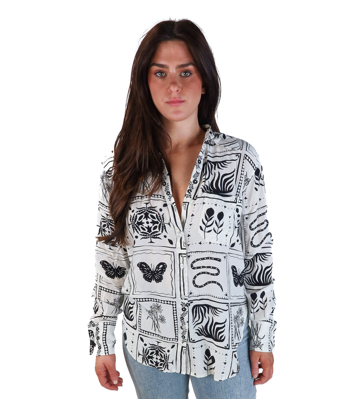 L’Academie white/black printed button up (xs; retail $148)