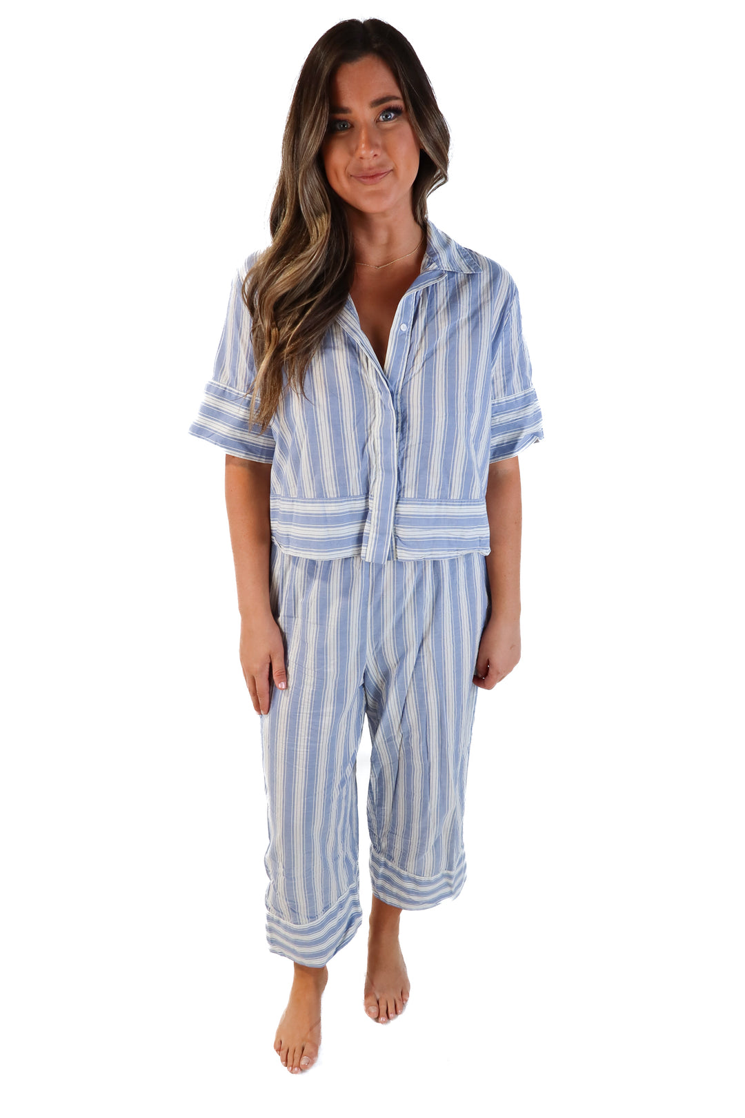 Haven blue/white striped set (L; retail $108)