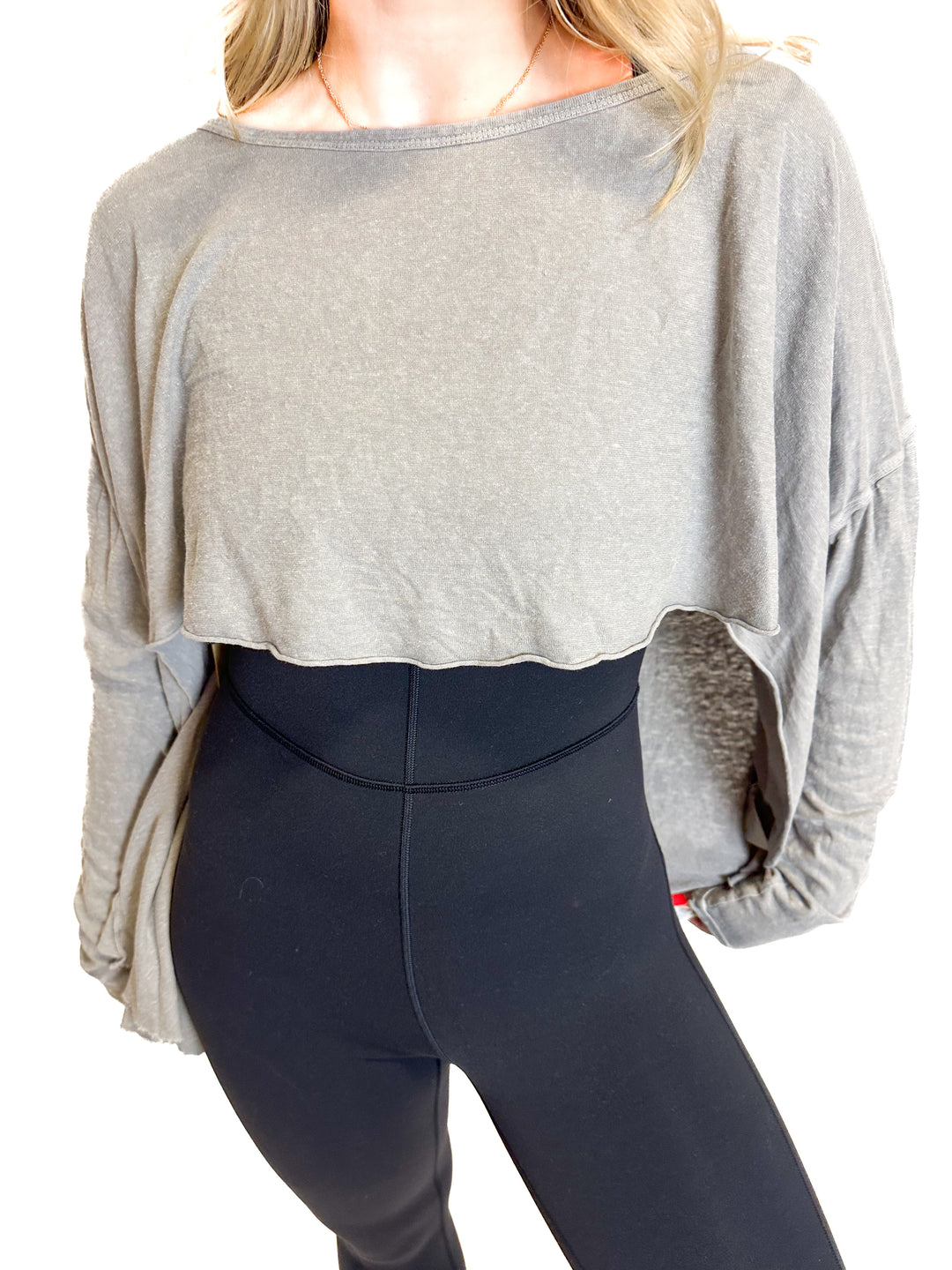 Free People Grey-Green Long Sleeved Hemp T-Shirt (S)