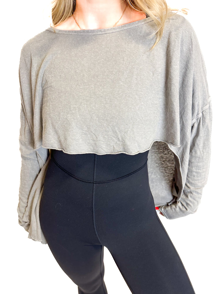Free People Grey-Green Long Sleeved Hemp T-Shirt (S)