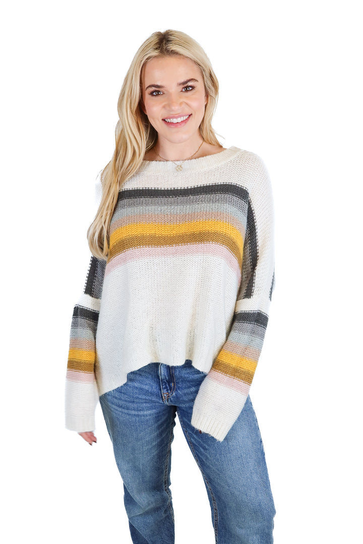 Wooden Ships white/multi colored striped knit sweater (S/M; retail $142)