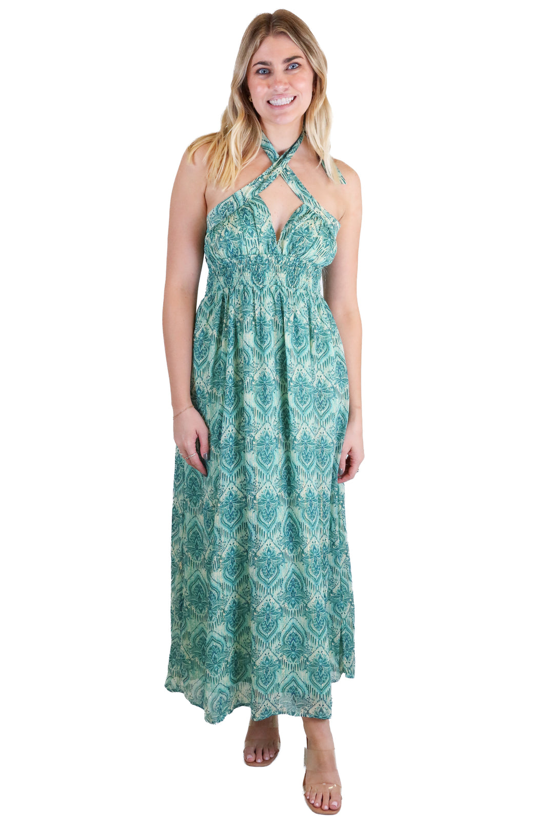 Vici green/blue/gold midi dress (S)