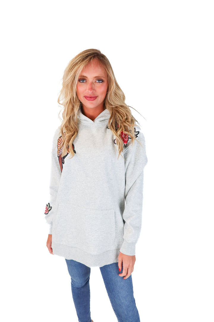 H&M Gray Bird and Flower Patch Oversized Hoodie (M)