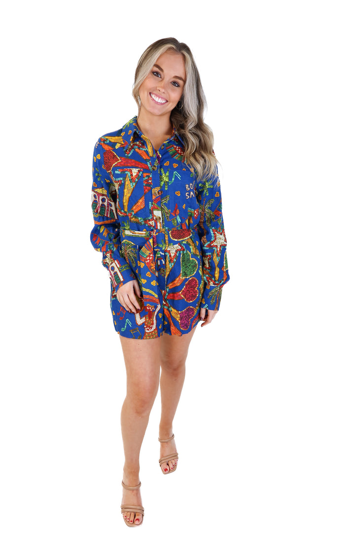 Farm rio blue beaded pattern romper (s; retail $210)