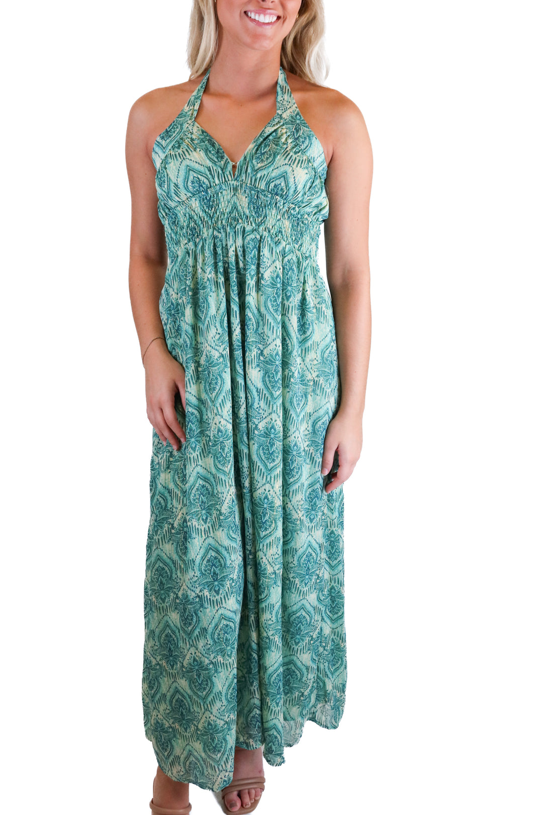 vici green printed halter maxi dress (s)