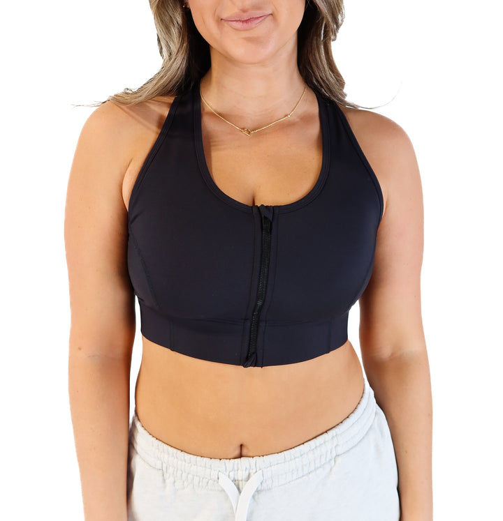Fabletics black zip front sports bra (m*)