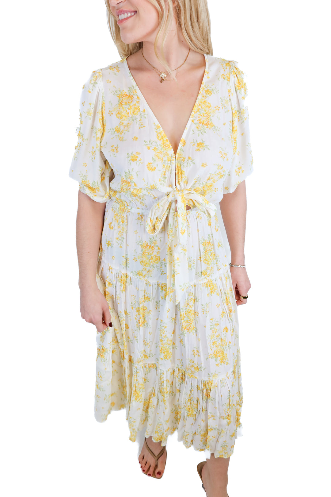 Kivari white w/ yellow flowers midi dress (4; retail $299)