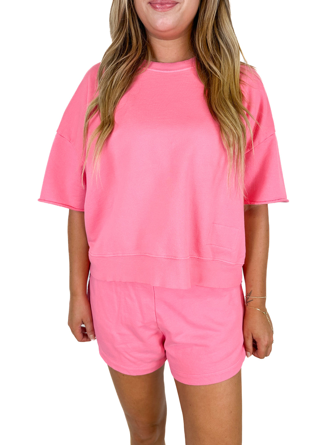 Daily Drills Pink Oversized Cropped Sleeve Top And Shorts Set (Top XS/S, Shorts XS)