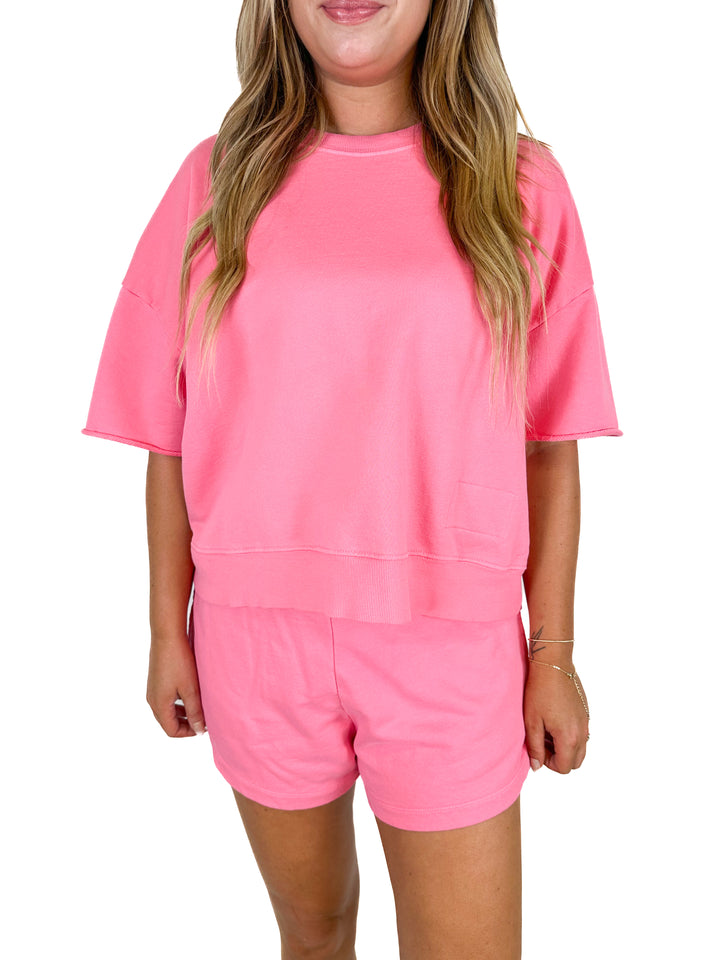 Daily Drills Pink Oversized Cropped Sleeve Top And Shorts Set (Top XS/S, Shorts XS)