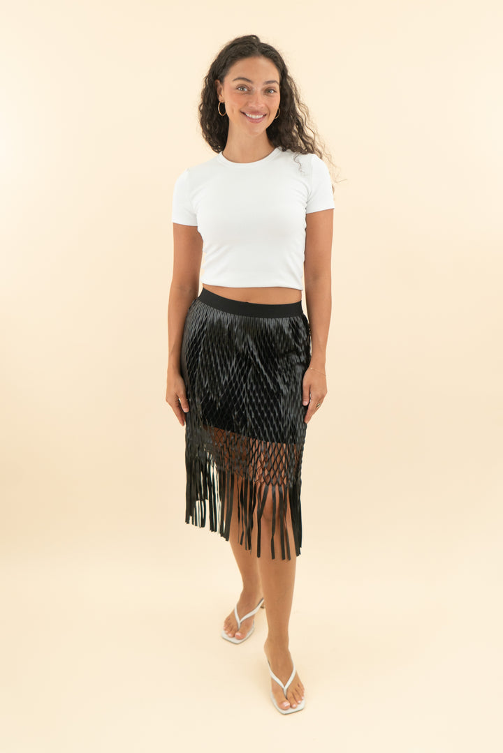 AUCTION textured leather woven fringe midi skirt (s)
