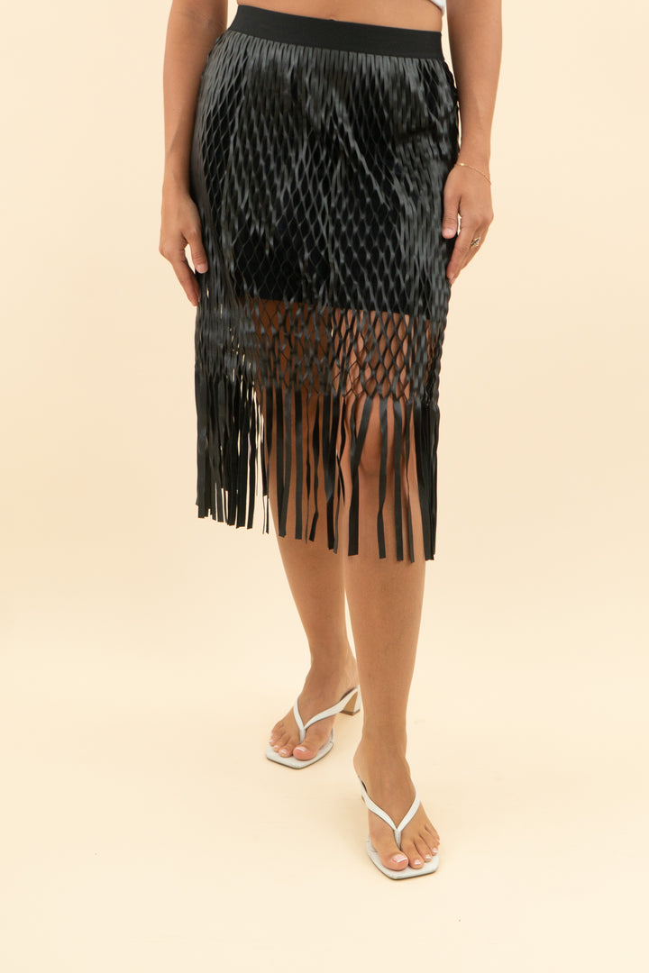 AUCTION textured leather woven fringe midi skirt (s)