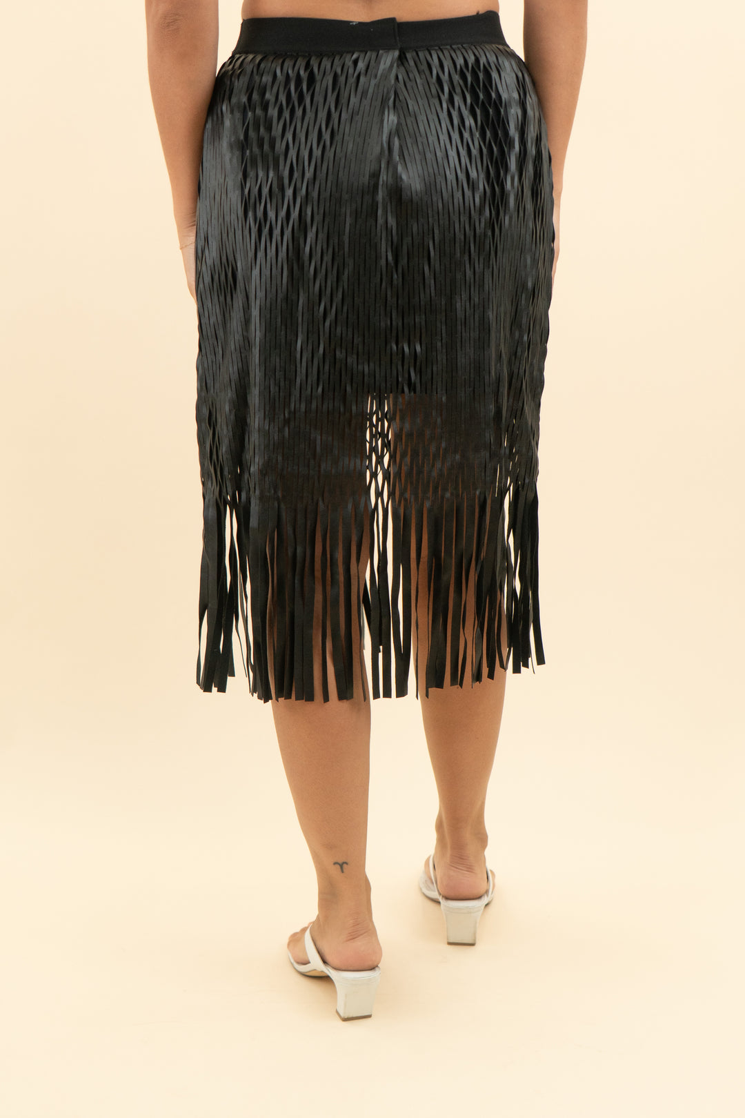 AUCTION textured leather woven fringe midi skirt (s)