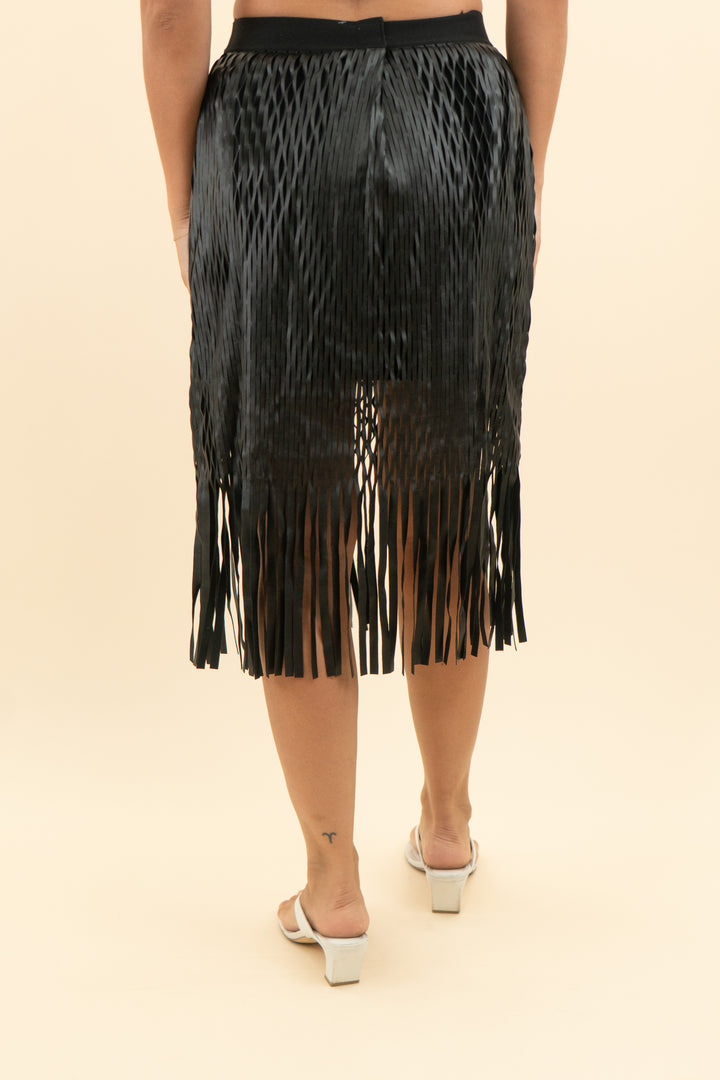 AUCTION textured leather woven fringe midi skirt (s)