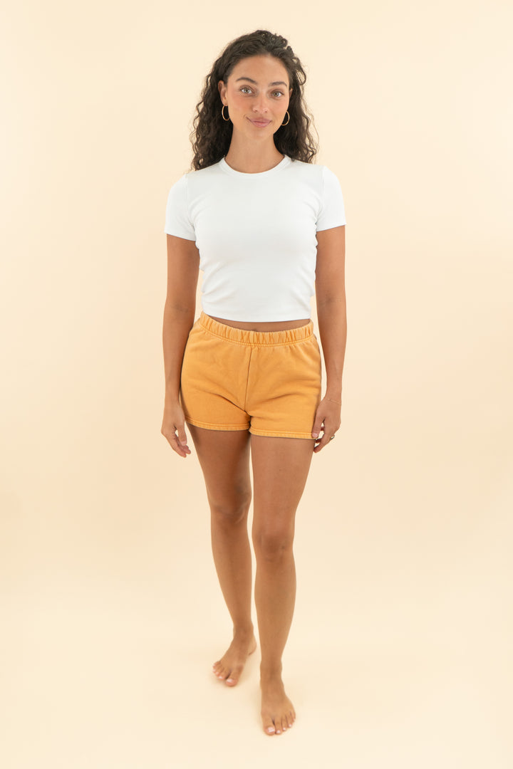 tna cozy orange fleece sweat shorts (s; retail $48)