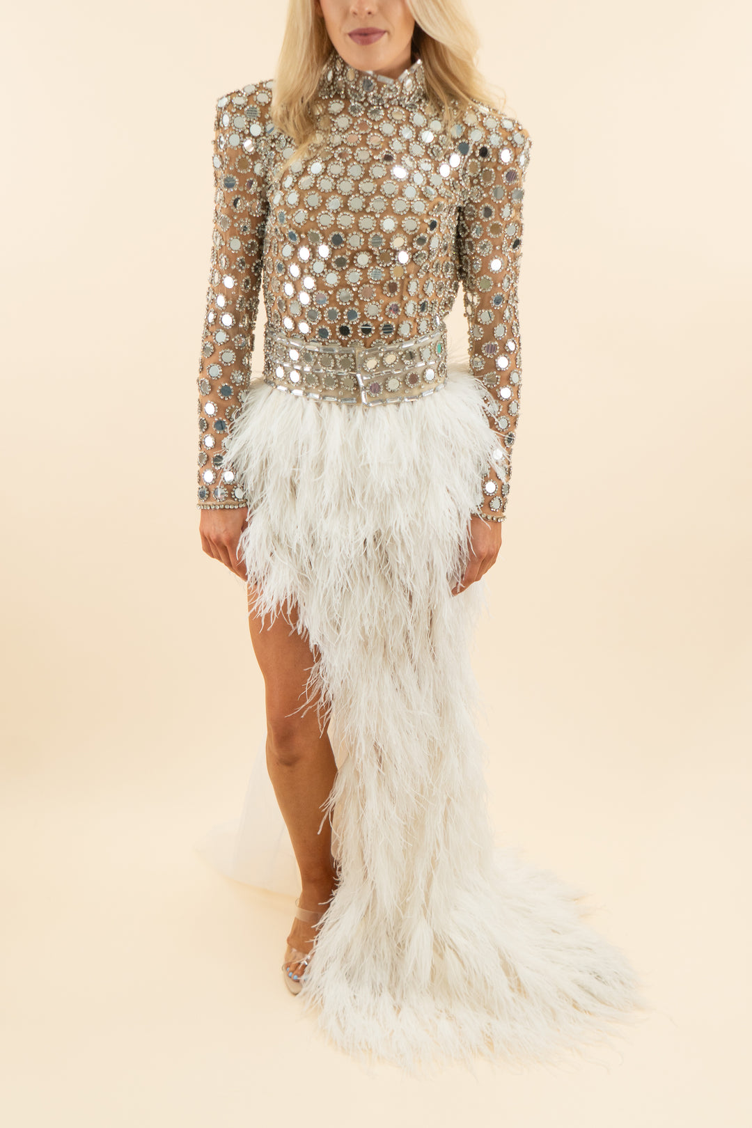 AUCTION albinadyla mirror sequin bodysuit and feather skirt set (s; retail $3,900)