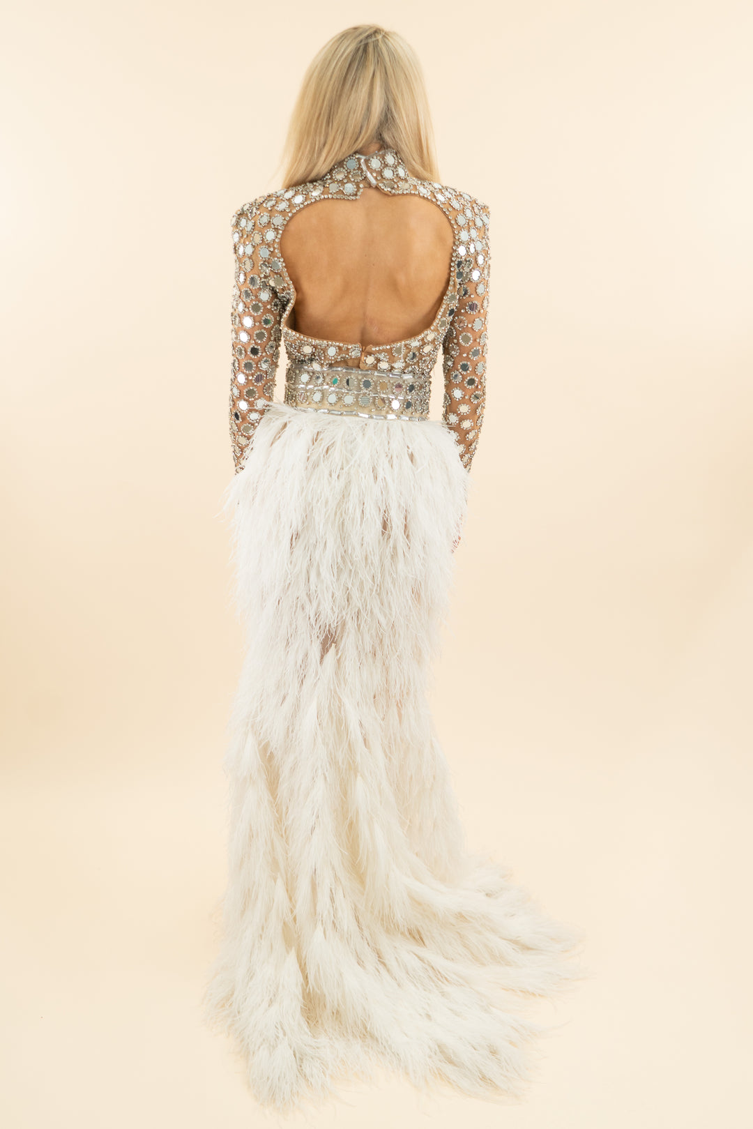 AUCTION albinadyla mirror sequin bodysuit and feather skirt set (s; retail $3,900)
