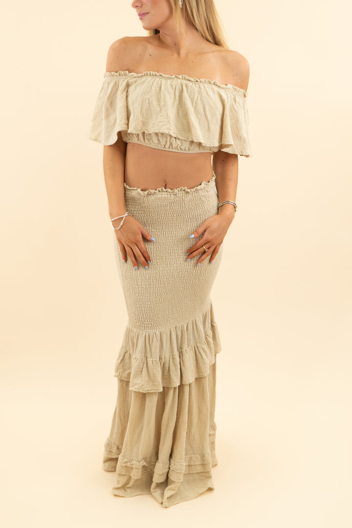 AUCTION jlux label taupe off the shoulder top and maxi skirt set (s)