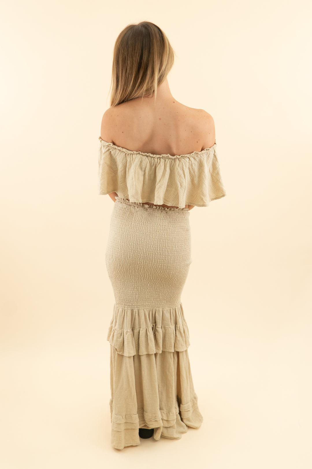 AUCTION jlux label taupe off the shoulder top and maxi skirt set (s)