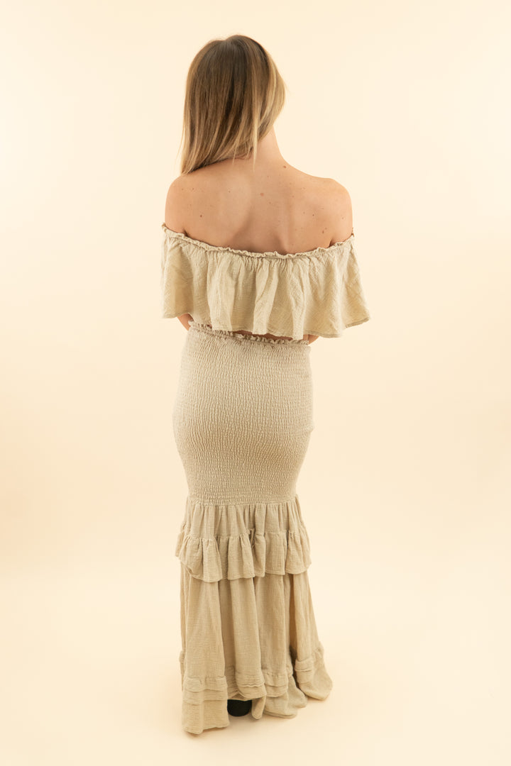 AUCTION jlux label taupe off the shoulder top and maxi skirt set (s)