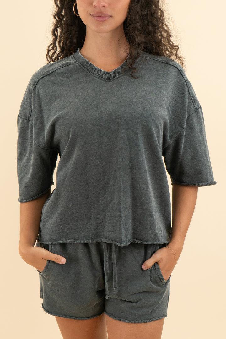 zara washed black short sleeve lounge set (s; retail $60)