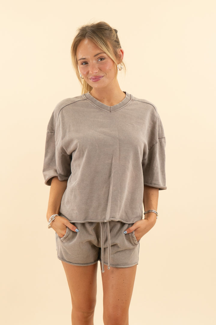 zara washed brown short sleeve lounge set (s; retail $60)