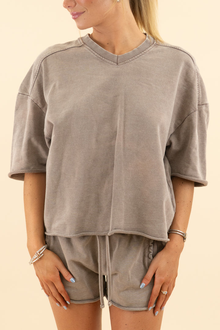 zara washed brown short sleeve lounge set (s; retail $60)