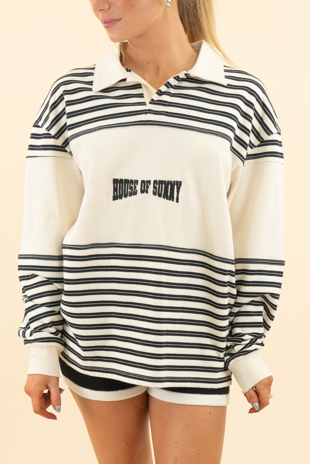 AUCTION house of sunny black/cream striped collared quarter long sleeve & short set (s)