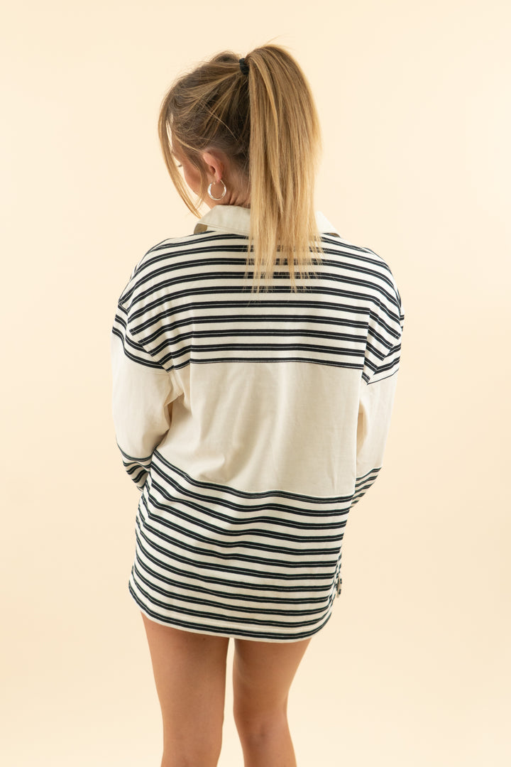 AUCTION house of sunny black/cream striped collared quarter long sleeve & short set (s)
