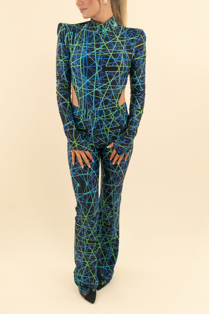 born villain black blue neon line pattern bodysuit pants set (xs; retail $150)