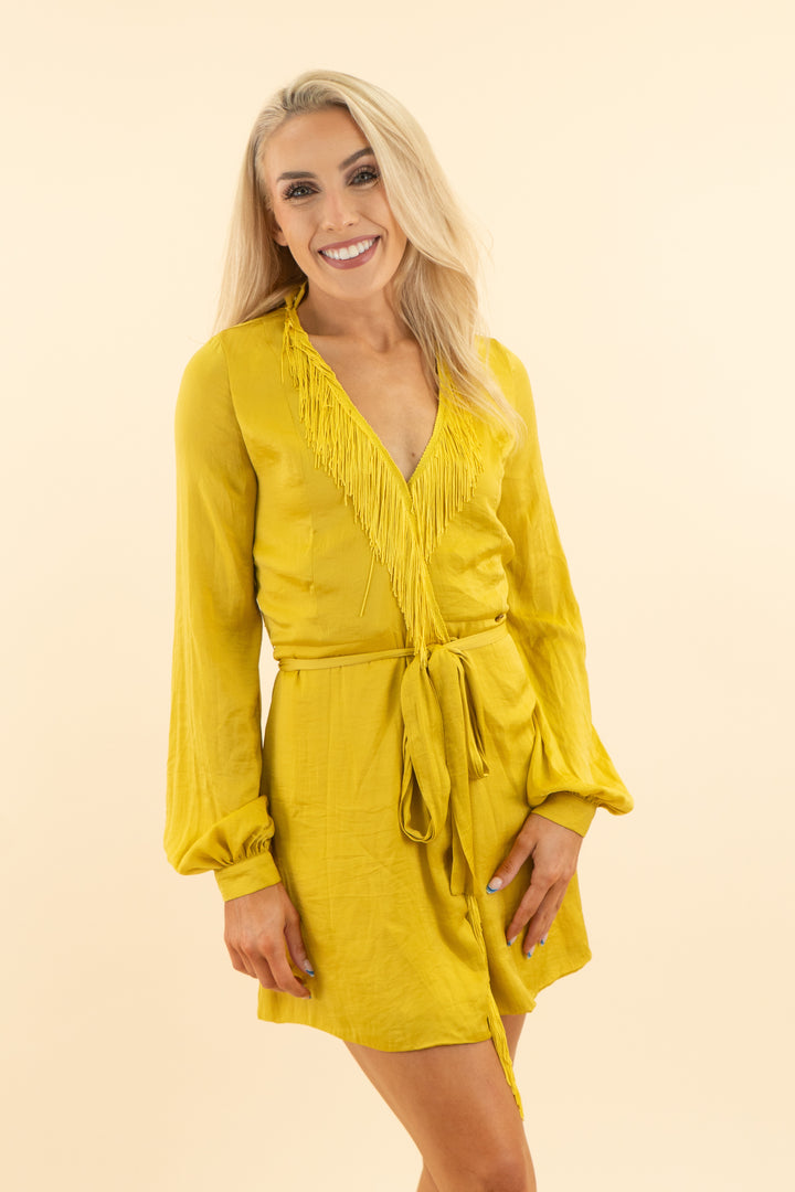 AUCTION mustard yellow satin fringe long sleeve wrap dress (s)