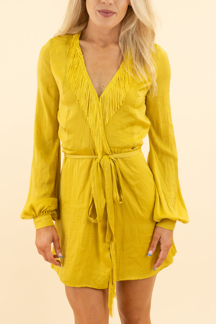 AUCTION mustard yellow satin fringe long sleeve wrap dress (s)