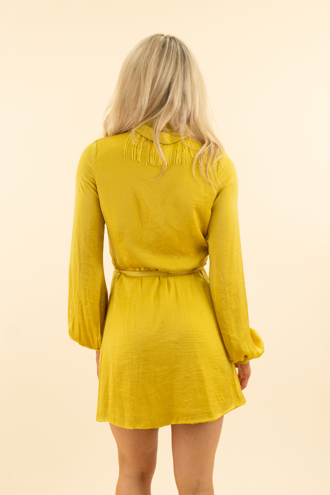 AUCTION mustard yellow satin fringe long sleeve wrap dress (s)