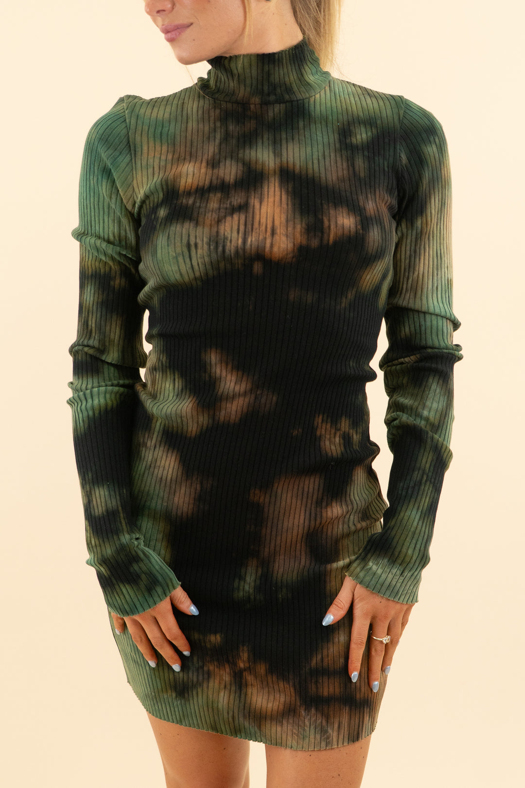 AUCTION cotton citizen green and black acid wash ribbed turtleneck short dress (s)