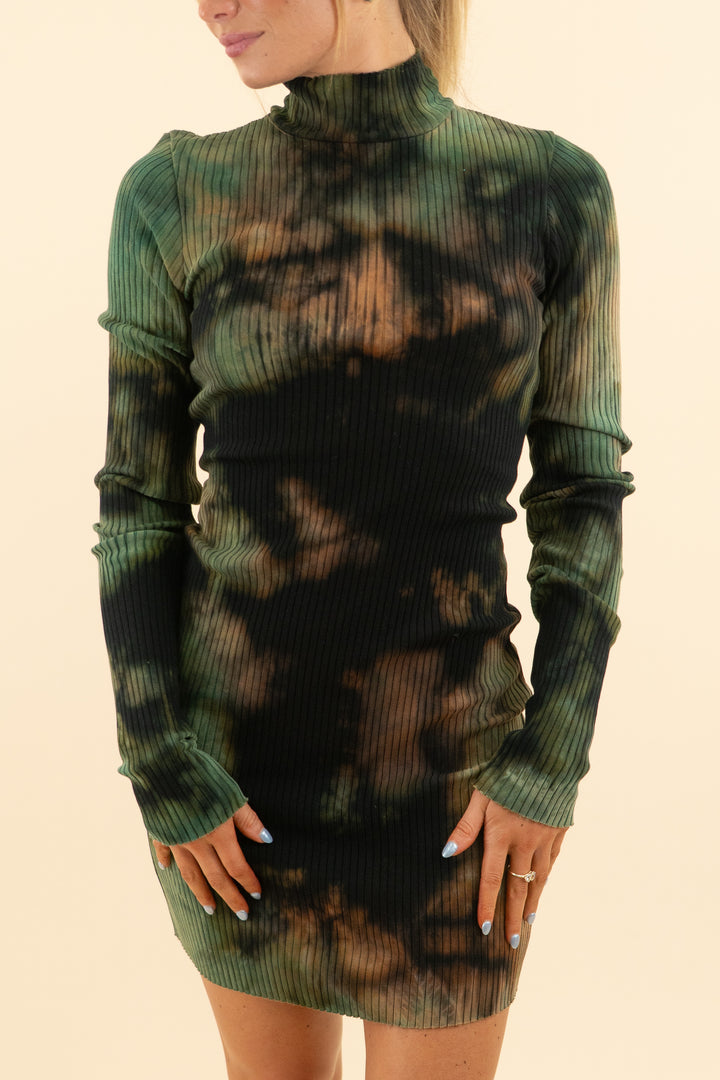 AUCTION cotton citizen green and black acid wash ribbed turtleneck short dress (s)