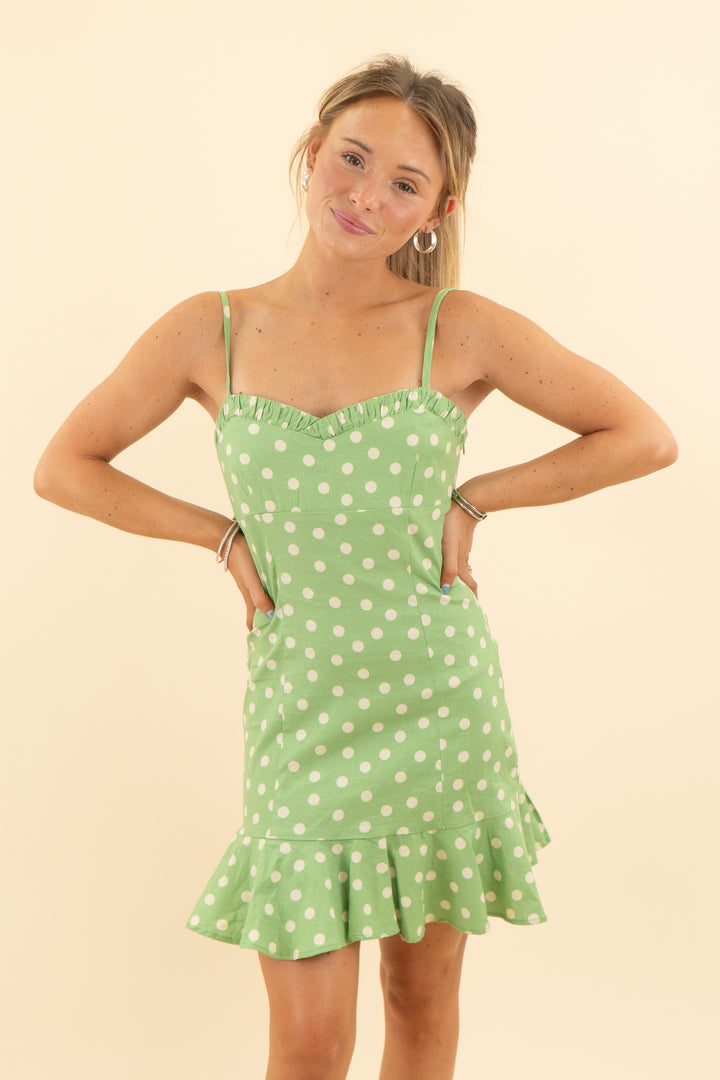 zara light green polka dot ruffle hem open back mini dress (s; retail $49.90)