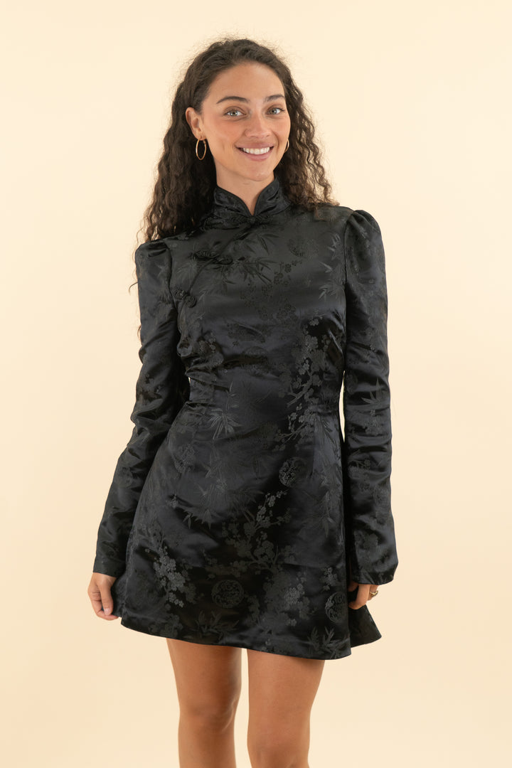 AUCTION sau lee black satin long sleeve mini dress (4)
