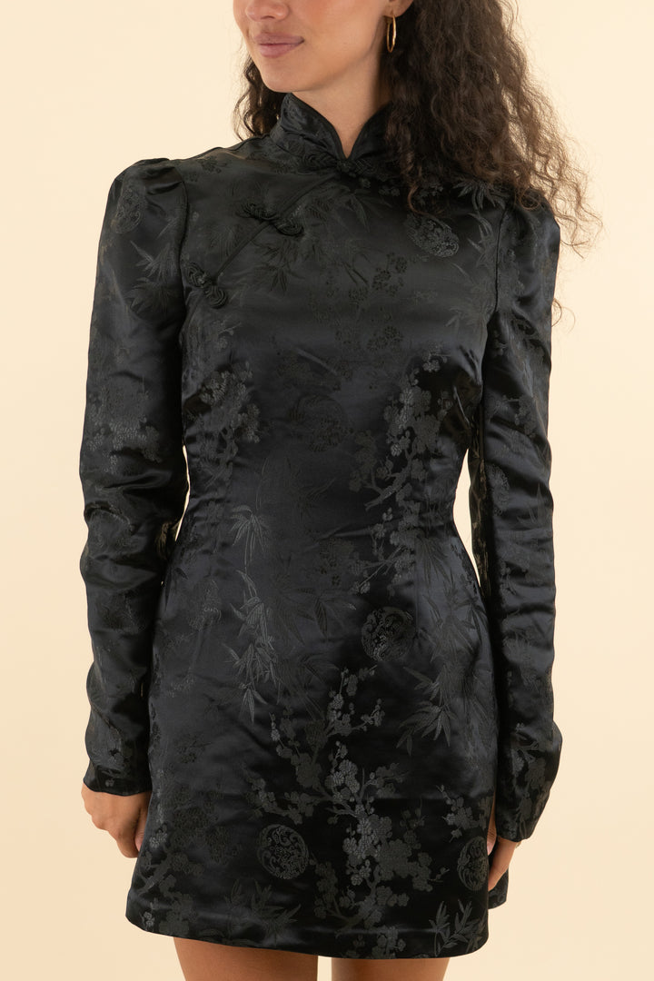 AUCTION sau lee black satin long sleeve mini dress (4)