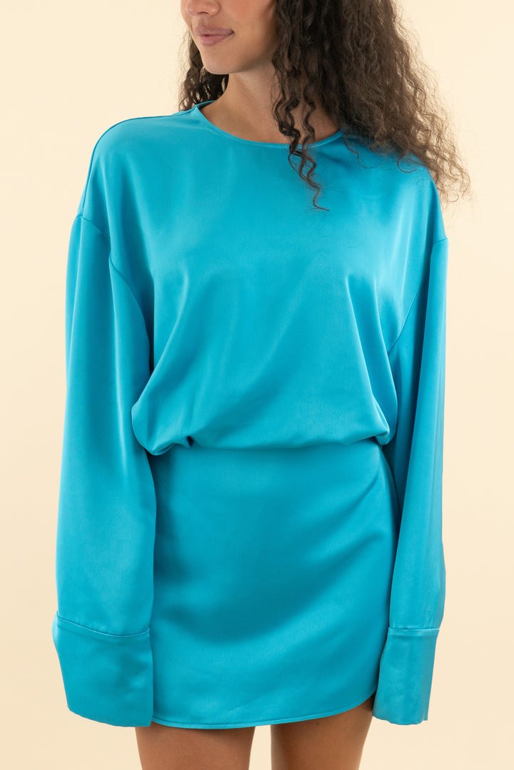 AUCTION the attico teal satin long sleeve mini dress (42)