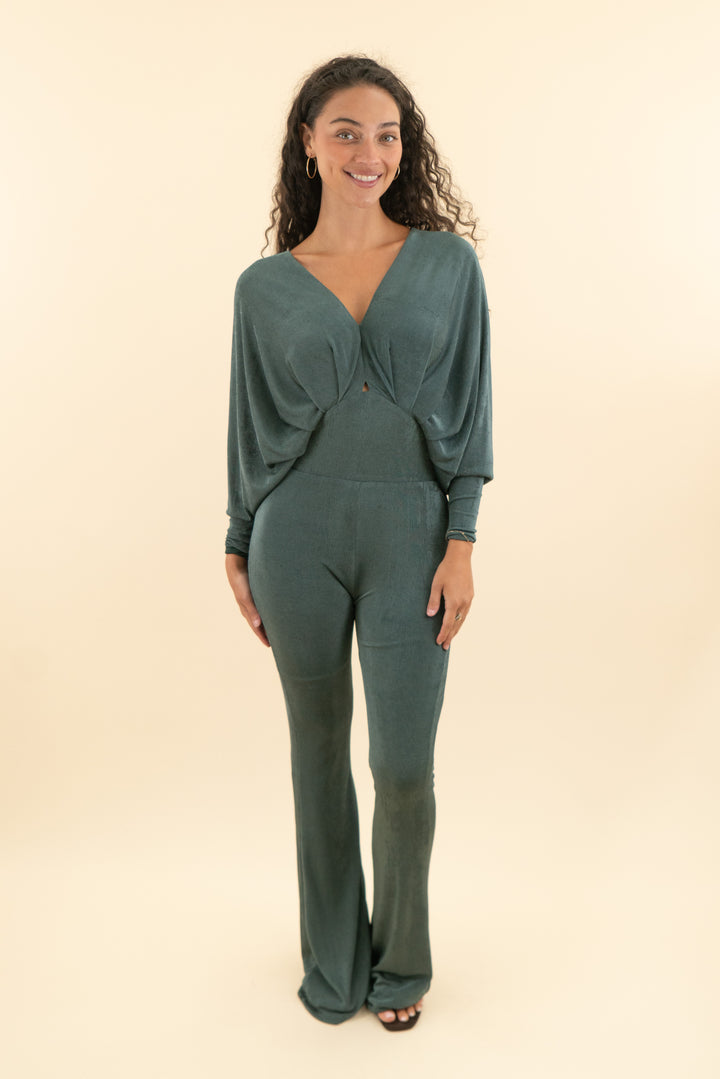 misha dark green shimmer long sleeve jumpsuit (4; retail $332)