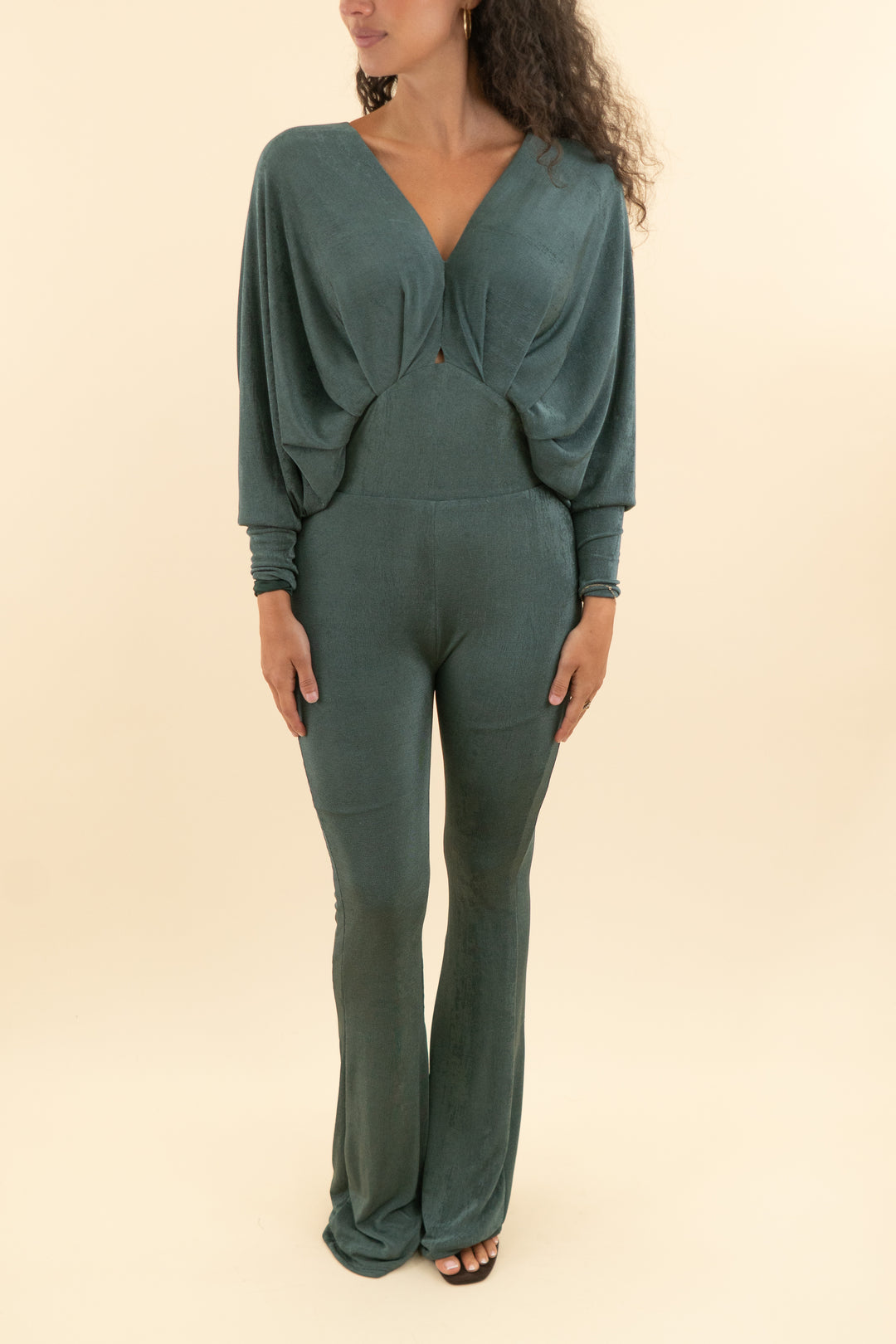 misha dark green shimmer long sleeve jumpsuit (4; retail $332)
